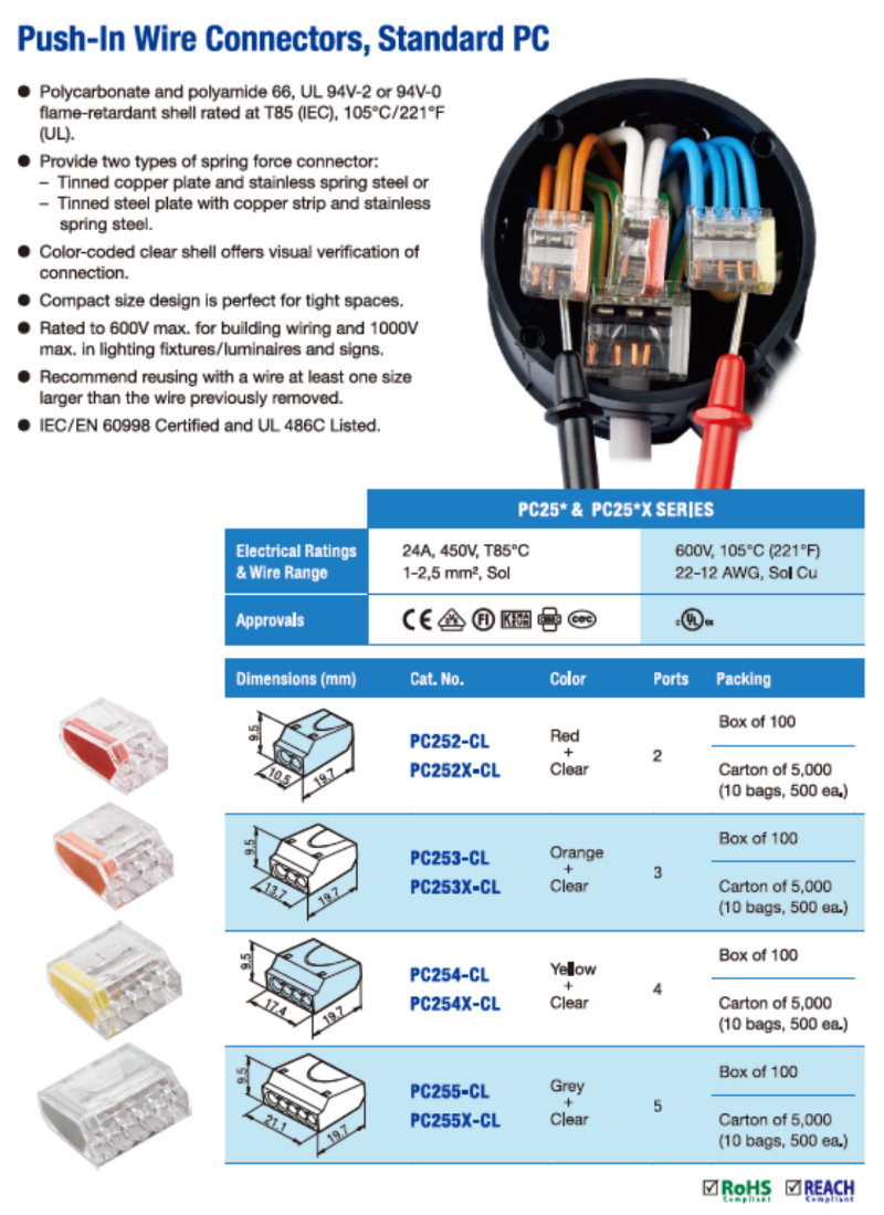 PC252-CL / PC252X-CL push-in wire connectors, Dosenklemmen & compact terminal blocks