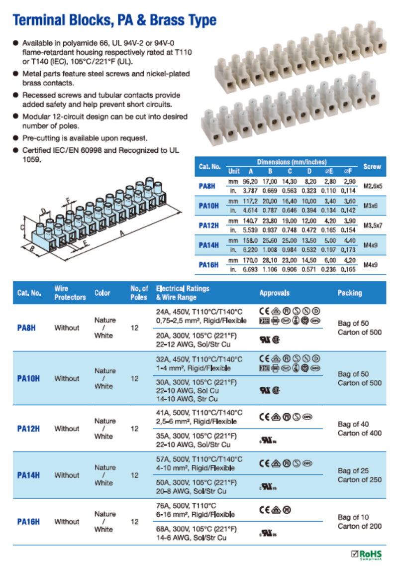 PA10H Terminal Block - PA Housing & Brass Insert